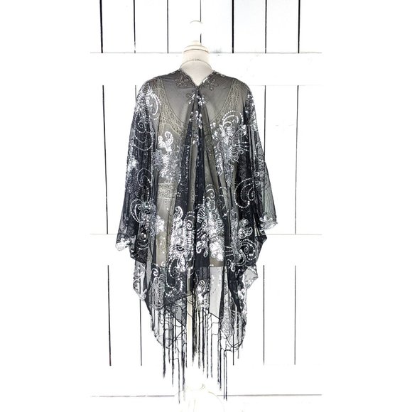 Silver black floral sequin sheer kimono cover up jacket - Picture 4 of 4
